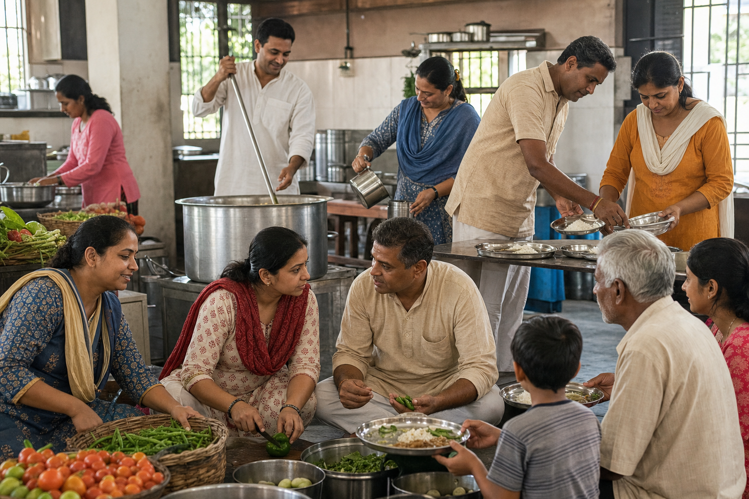 Adults of different ages prepare and serve a communal meal together in a sunlit kitchen while an elder and a family sit nearby.