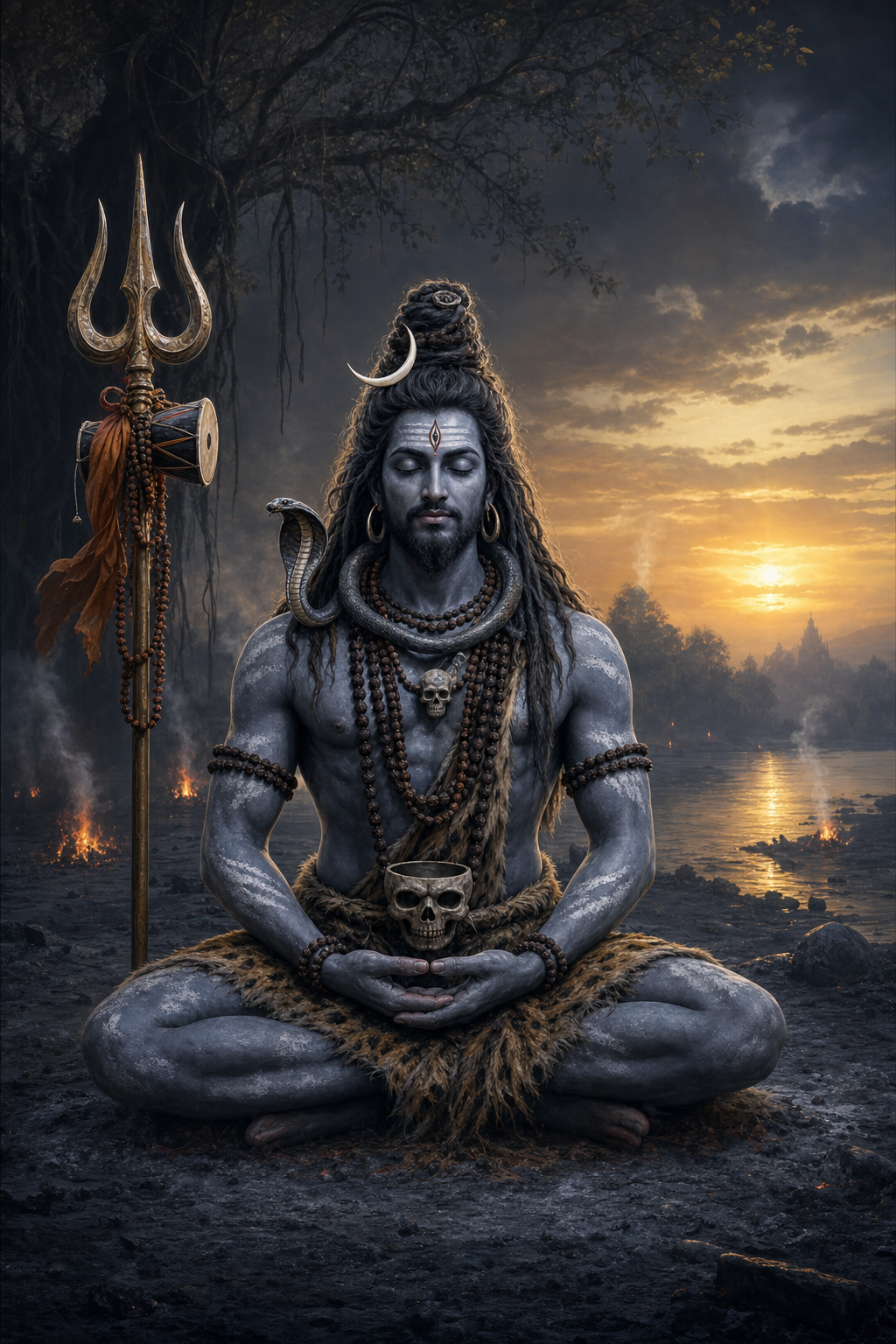 A serene ash-covered Shiva meditates with a serpent, trident, drum and skull-bowl emblem beside a dim cremation ground at dawn.