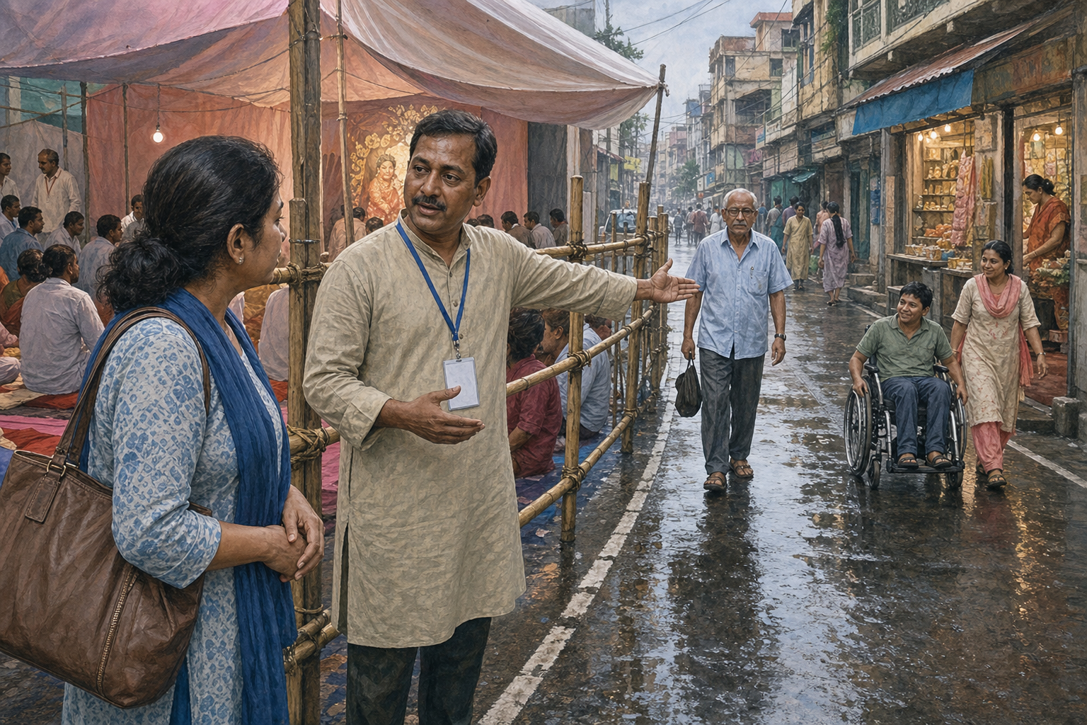 A resident calmly asks a gathering steward for access while pedestrians use a protected detour beside the observance.