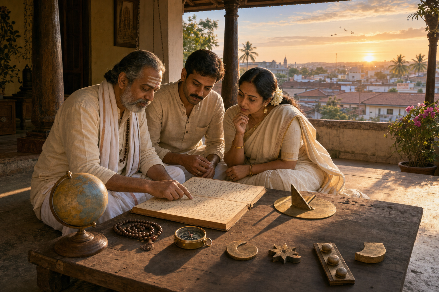 A priest and a couple consult an almanac with a globe, compass, sundial, prayer beads, and celestial symbols in a sunlit courtyard.