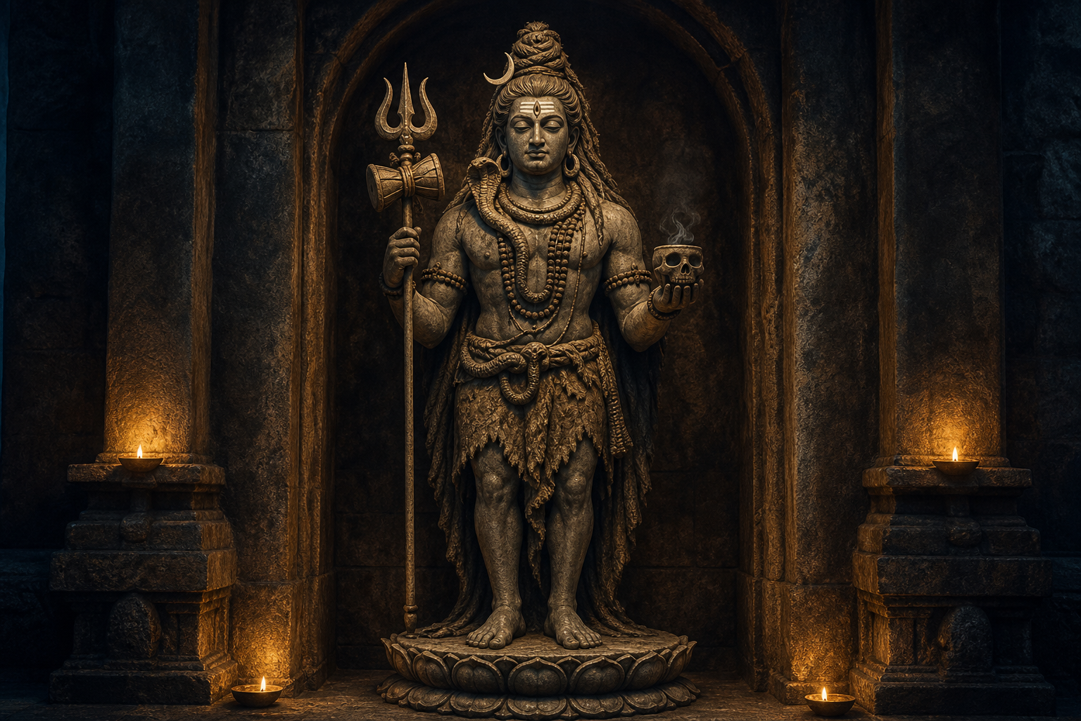A calm Aghora Shiva sculpture stands in a stone niche with a third eye, crescent moon, serpents, prayer beads, trident, drum and skull-bowl symbol.