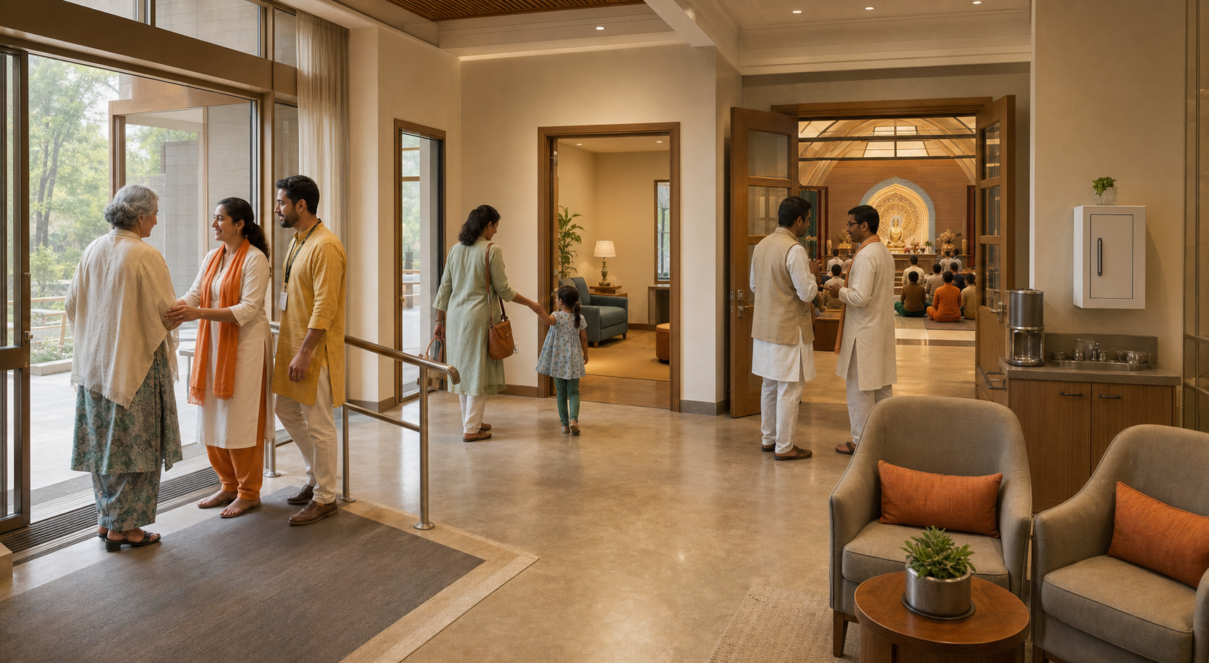 Volunteers welcome an older visitor and guide a family through an accessible temple foyer with seating and support rooms.