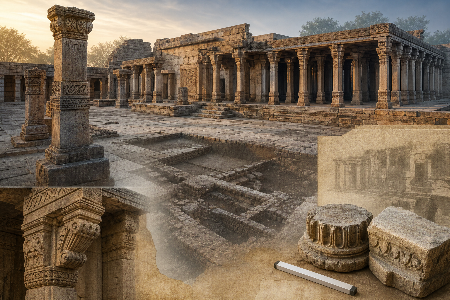 Editorial illustration of the Bhojshala stone precinct with its courtyard, carved pillars and subtle archaeological layers visible around the architecture.