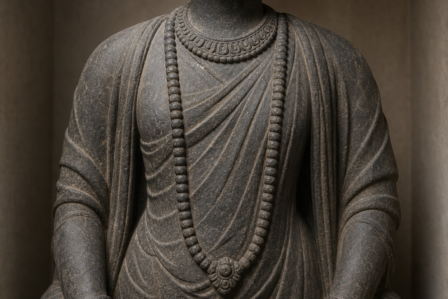 Close view of a dark stone sculpted torso with a short neck ornament and a longer beaded necklace extending down the chest.