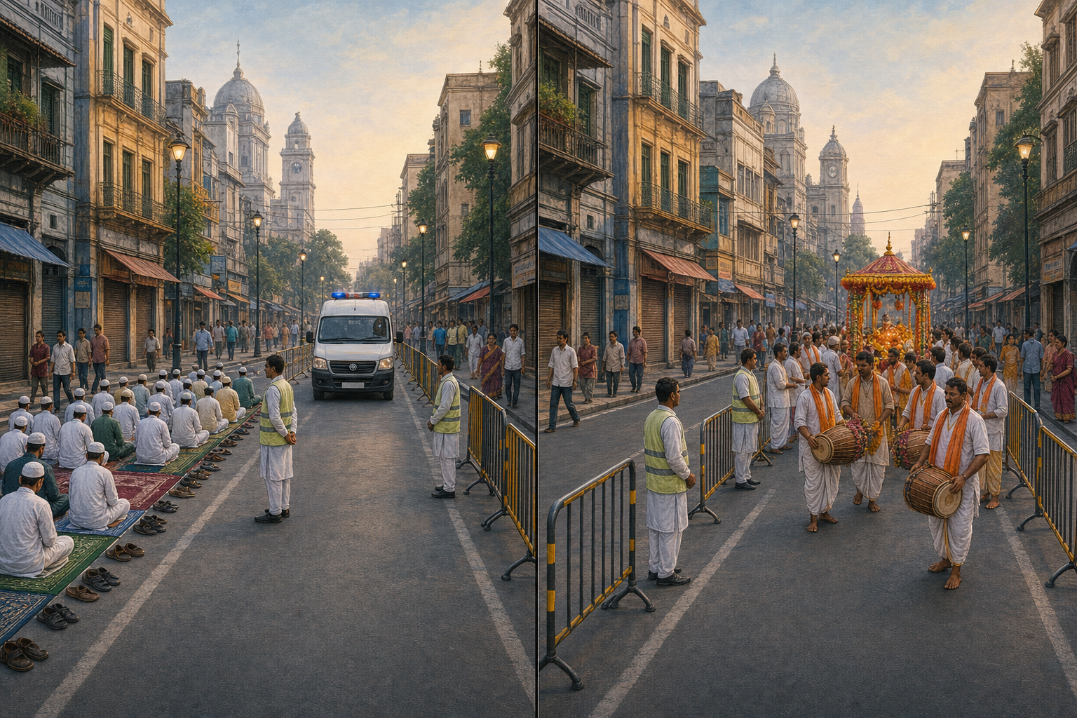 Two different religious gatherings follow the same limits while preserving public access on a Kolkata street.