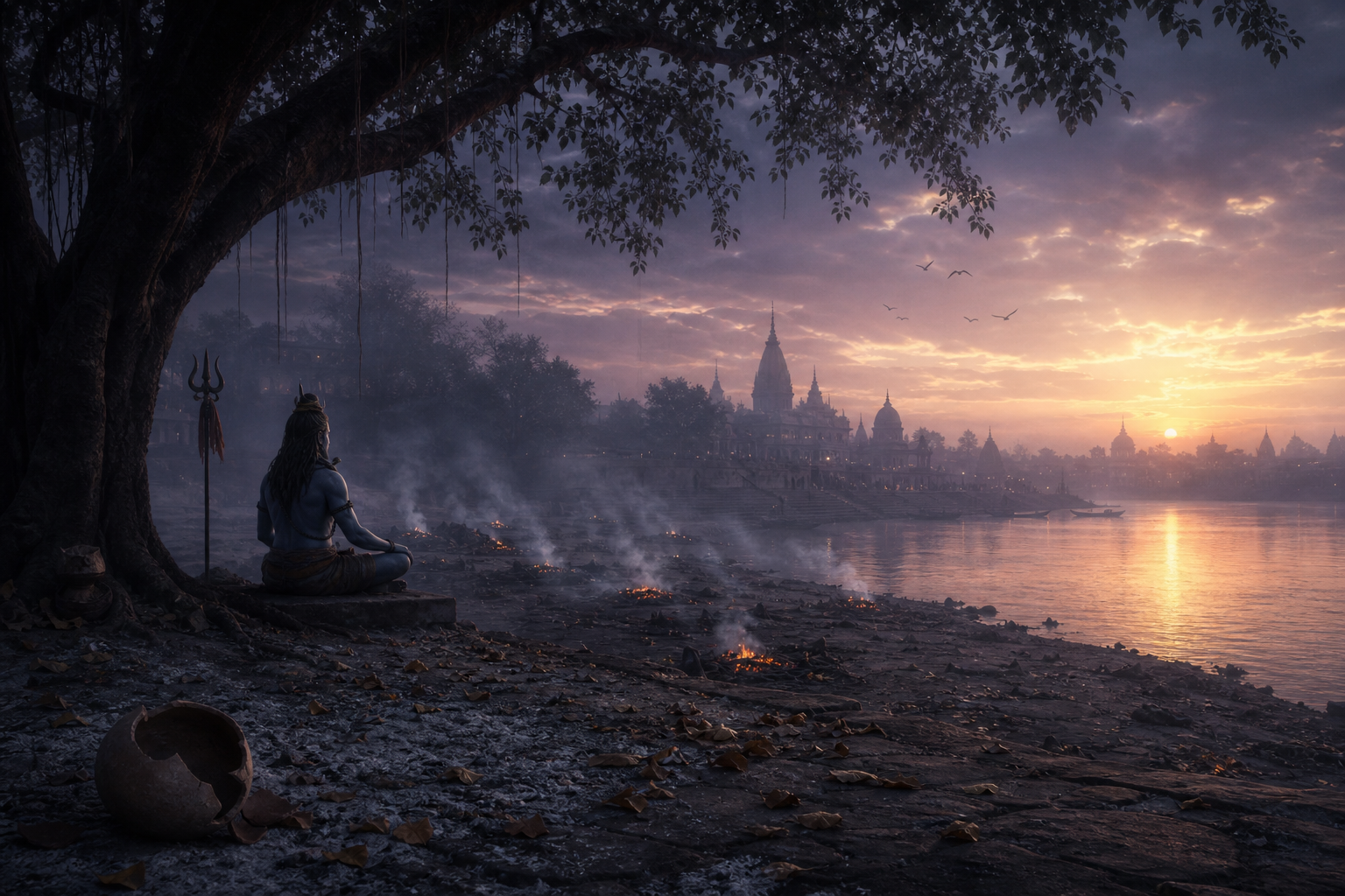 Shiva meditates beneath a tree beside a river as distant cremation fires fade into the light of dawn.