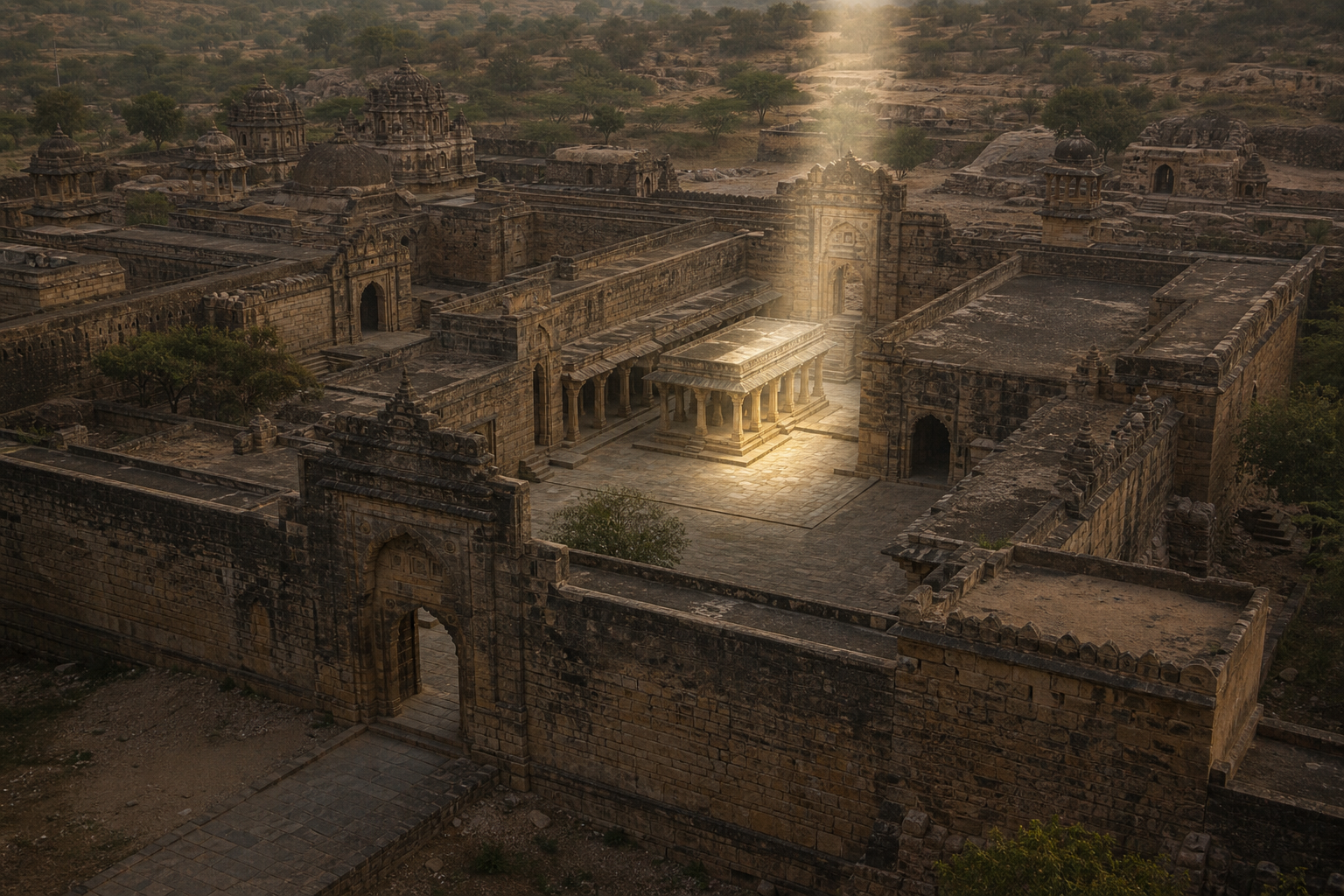 Elevated illustration of a stone complex in which sunlight isolates an inner courtyard and pillared chamber from the wider site.