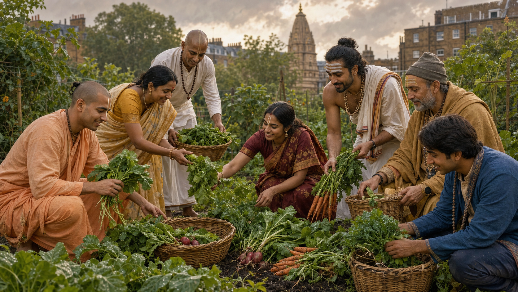 Practitioners in varied devotional dress harvest vegetables together in a London community garden.