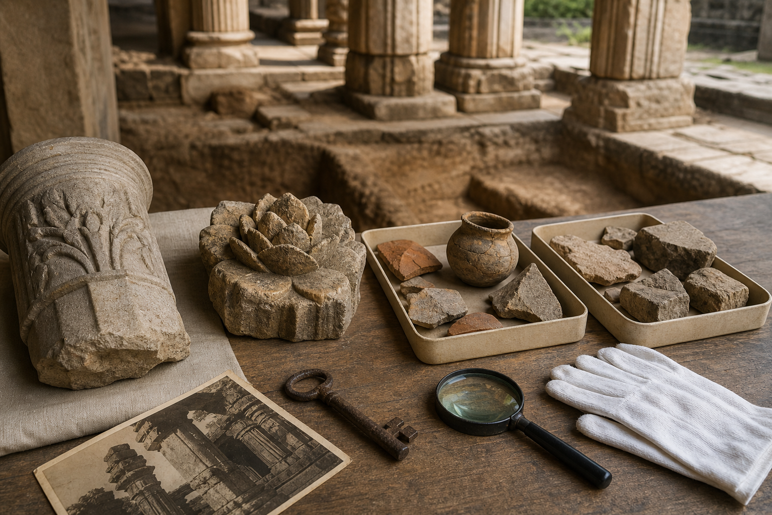 Conservation table holding carved stone fragments, masonry samples, gloves and archival materials beside a softly focused pillared structure.
