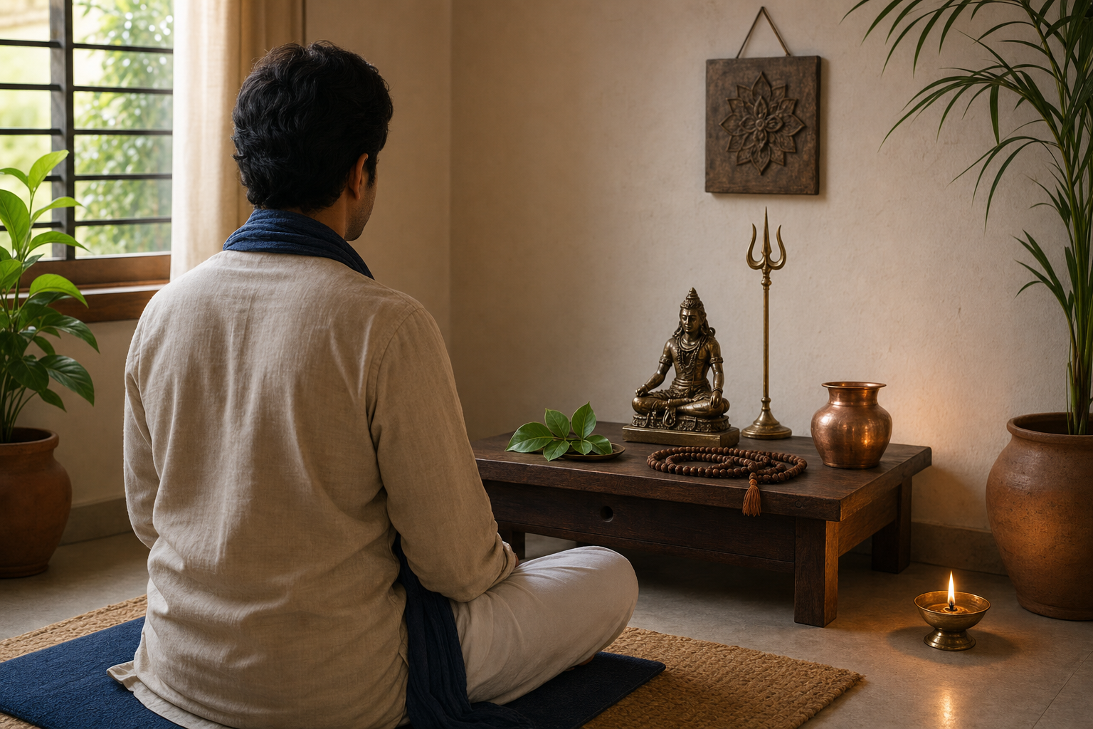 A seated householder meditates before a small Aghora Shiva shrine with an oil lamp, prayer beads, water vessel and bilva leaves.
