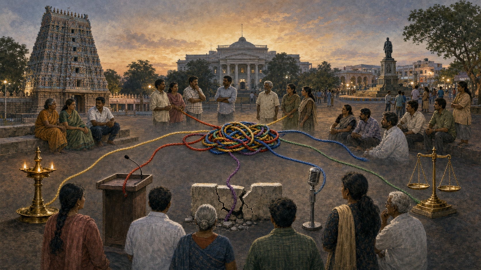 Editorial illustration of a Tamil Nadu civic landscape with a temple tower, public building, debating citizens, legal scales, and colored threads tangled between religious, political, and social symbols.