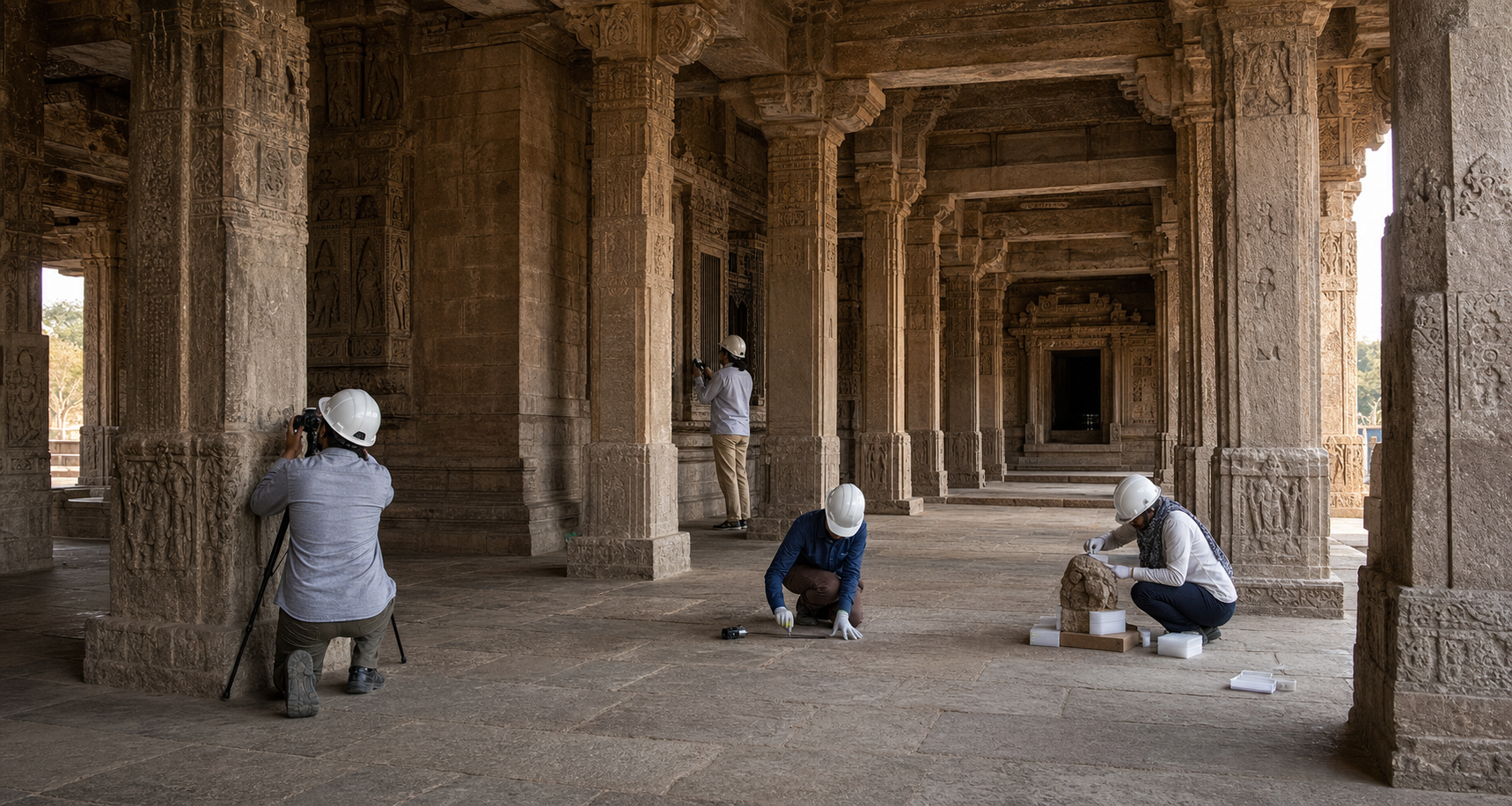 Heritage specialists document stonework and install protective supports inside a historic pillared precinct.