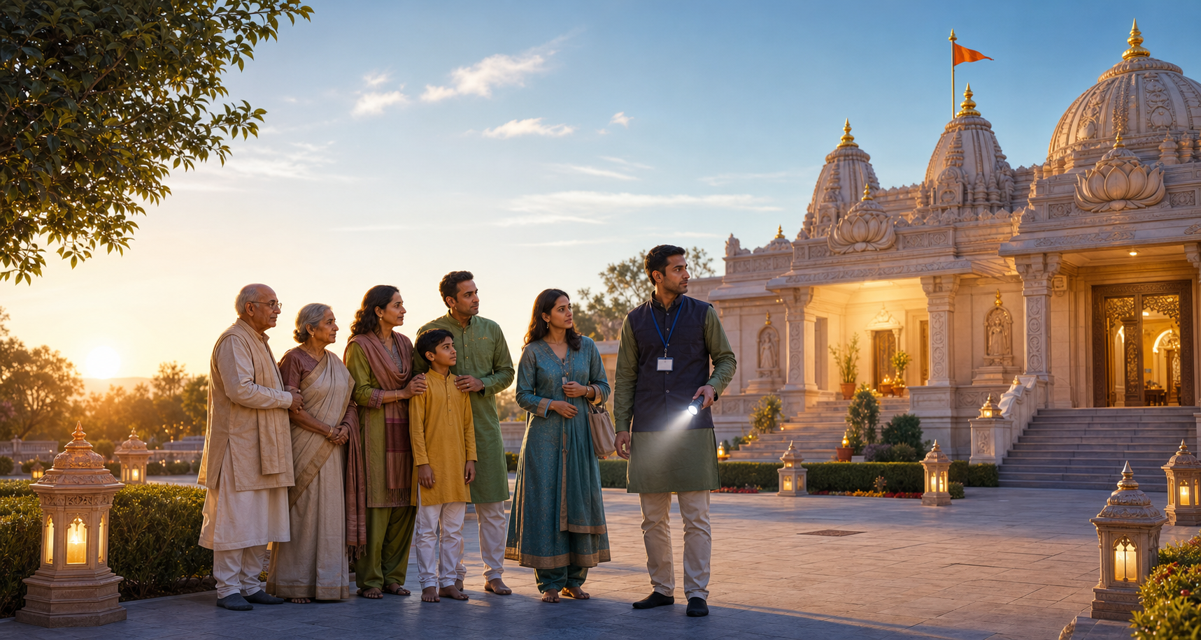 Hindu community members gather supportively outside a well-lit mandir while a volunteer checks the grounds at sunrise.