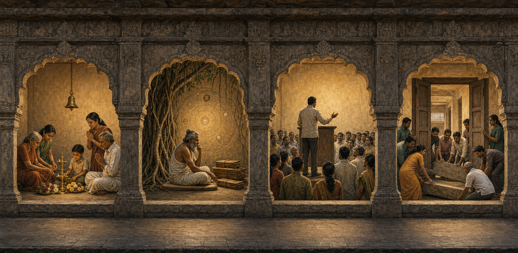 Four separate stone alcoves show household Hindu worship, philosophical study beneath a banyan tree, an anonymous political gathering, and a community opening access to a school.