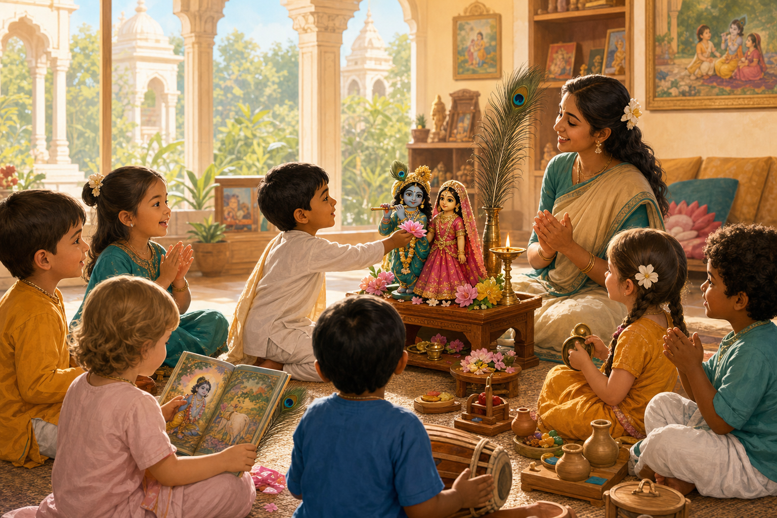 Children in a Vaishnava gurukul classroom gather around a Radha-Krishna altar for devotional learning.