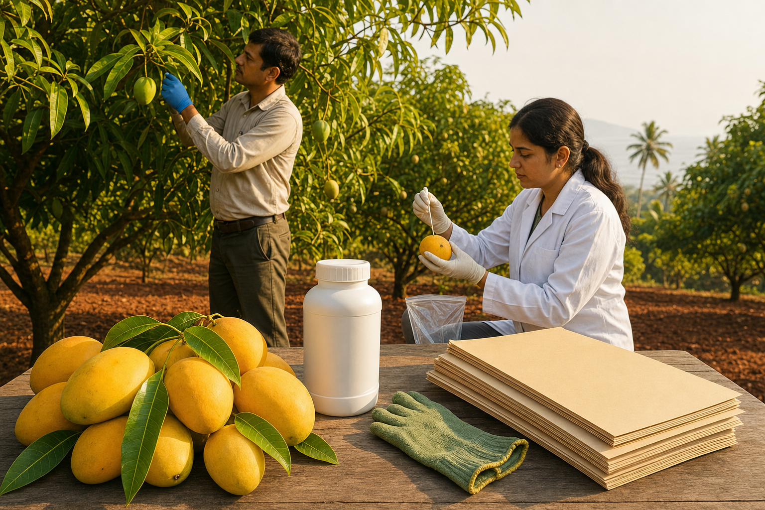 Mangoes, protective gloves, an unbranded pesticide container, and record folders on an inspection table beside a Konkan orchard where officials collect samples.