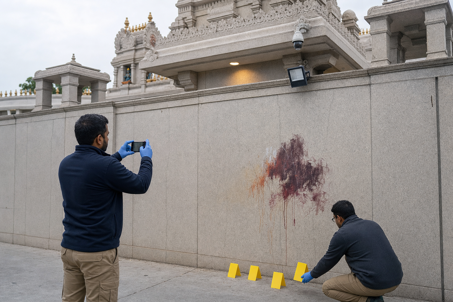 Two volunteers photograph paint damage outside a mandir while preserving the area and avoiding contact with potential evidence.