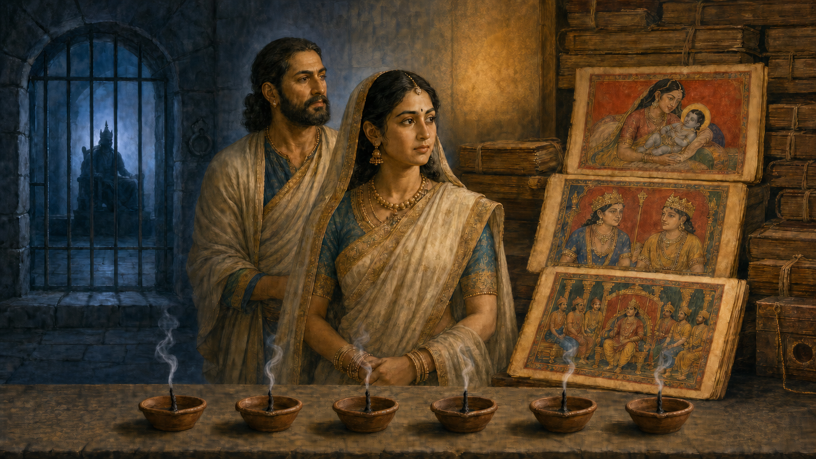 Devaki and Vasudeva sit between a shadowed prison interior and a warm manuscript repository, with six extinguished clay lamps in the foreground and varied Krishna scenes painted on folios.