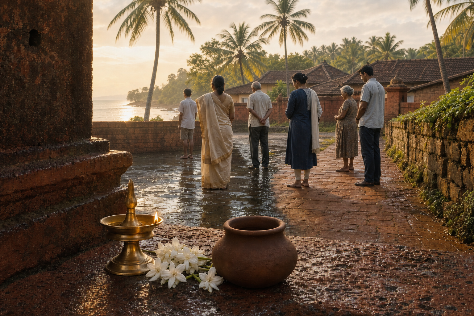 A brass oil lamp and jasmine flowers rest on a laterite threshold as Goan residents of different generations gather in a sunlit coastal courtyard.