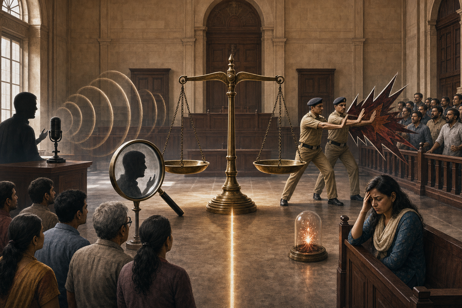 A courtroom scene centers on legal scales surrounded by a microphone, magnifying lens, listeners, sound waves, and a contained spark on opposite sides of a narrow boundary line.