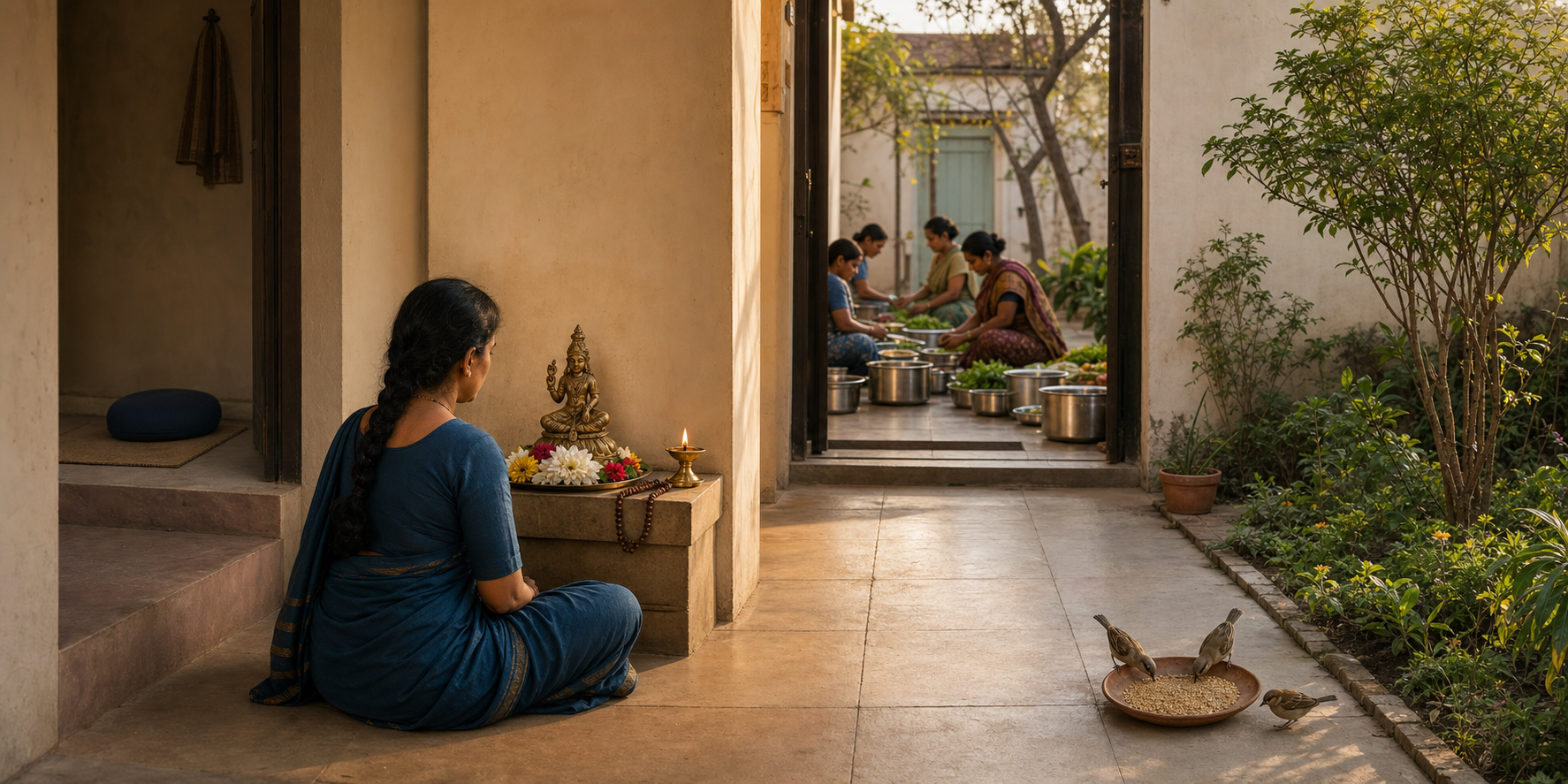 A practitioner sits at a small Hindu altar while neighbors prepare a communal meal in the adjoining courtyard.
