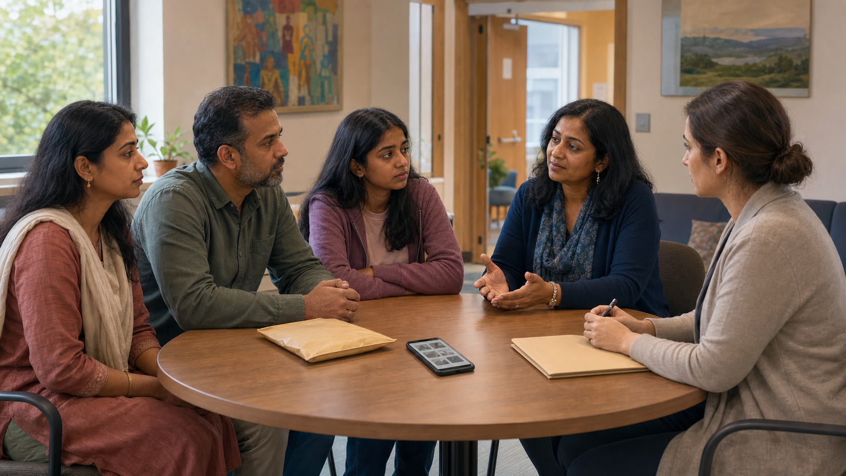 A Hindu family and community advocate meet with a public-safety liaison around a table containing an evidence envelope, phone, and folder.
