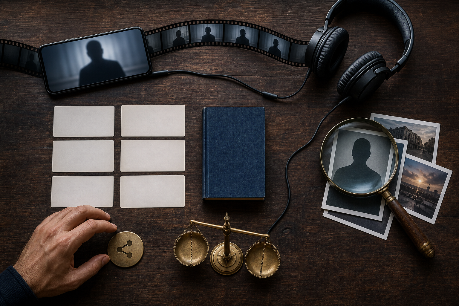 A desk viewed from above contains a phone, full filmstrip, headphones, magnifying glass, translation cards, balance, and a hand pausing before sharing.