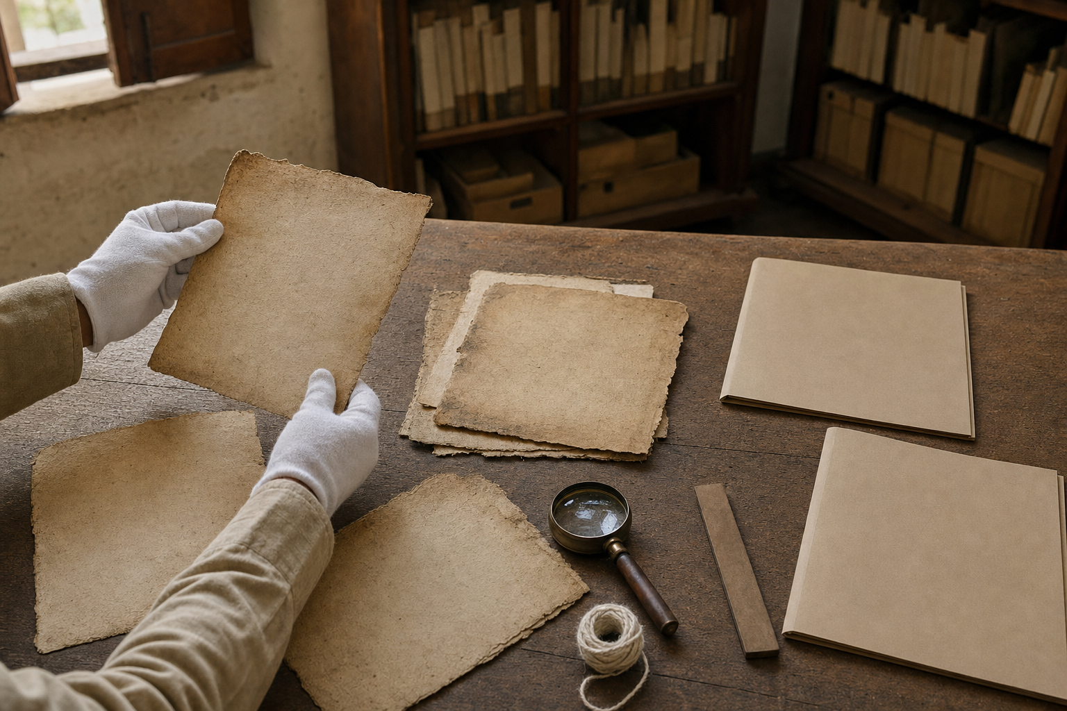 Cotton-gloved hands examine aged manuscript sheets and preservation tools on a wooden archive table.