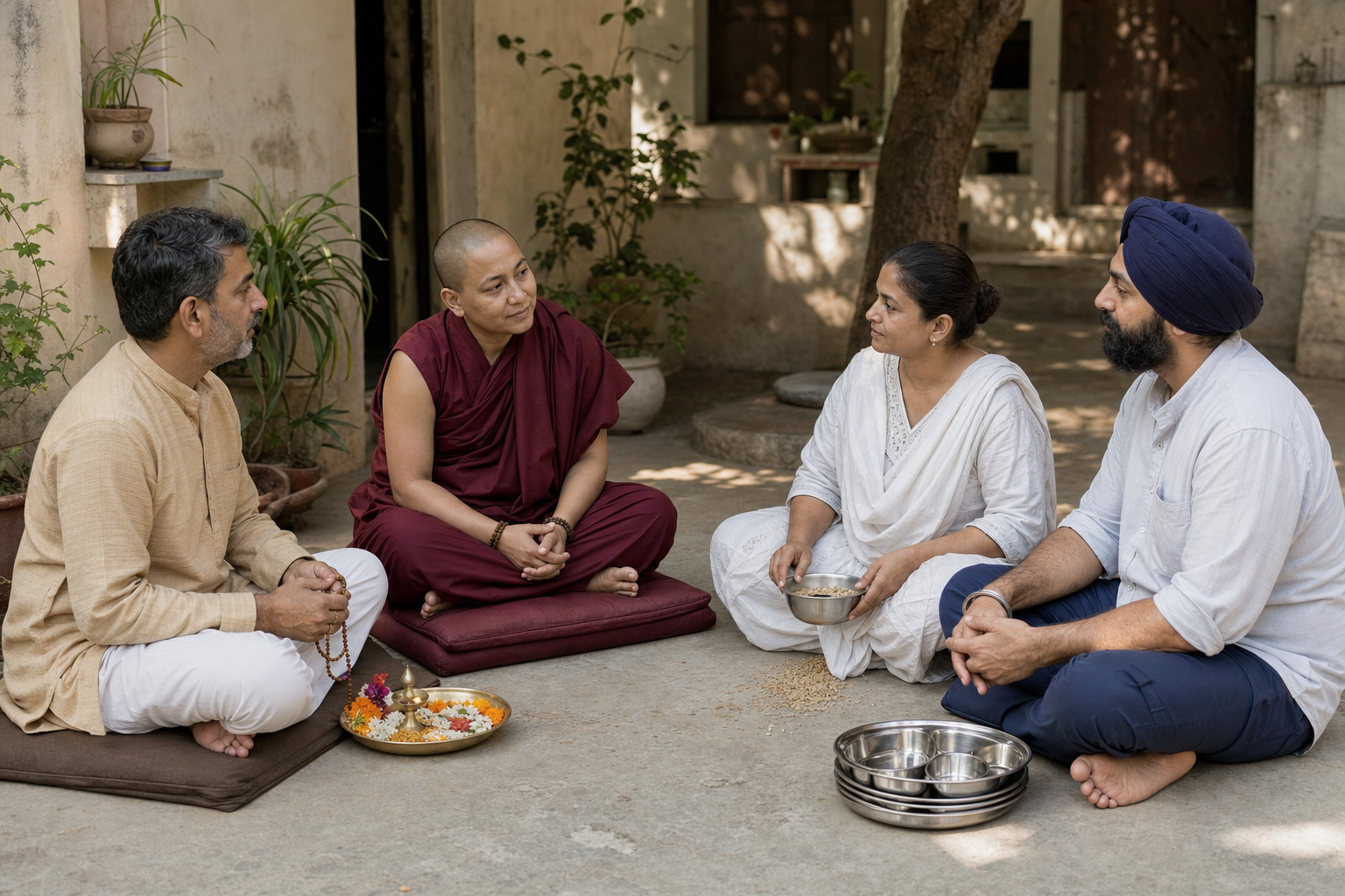 Four people from different Dharmic traditions sit in a courtyard discussing their practices with distinct objects beside them.