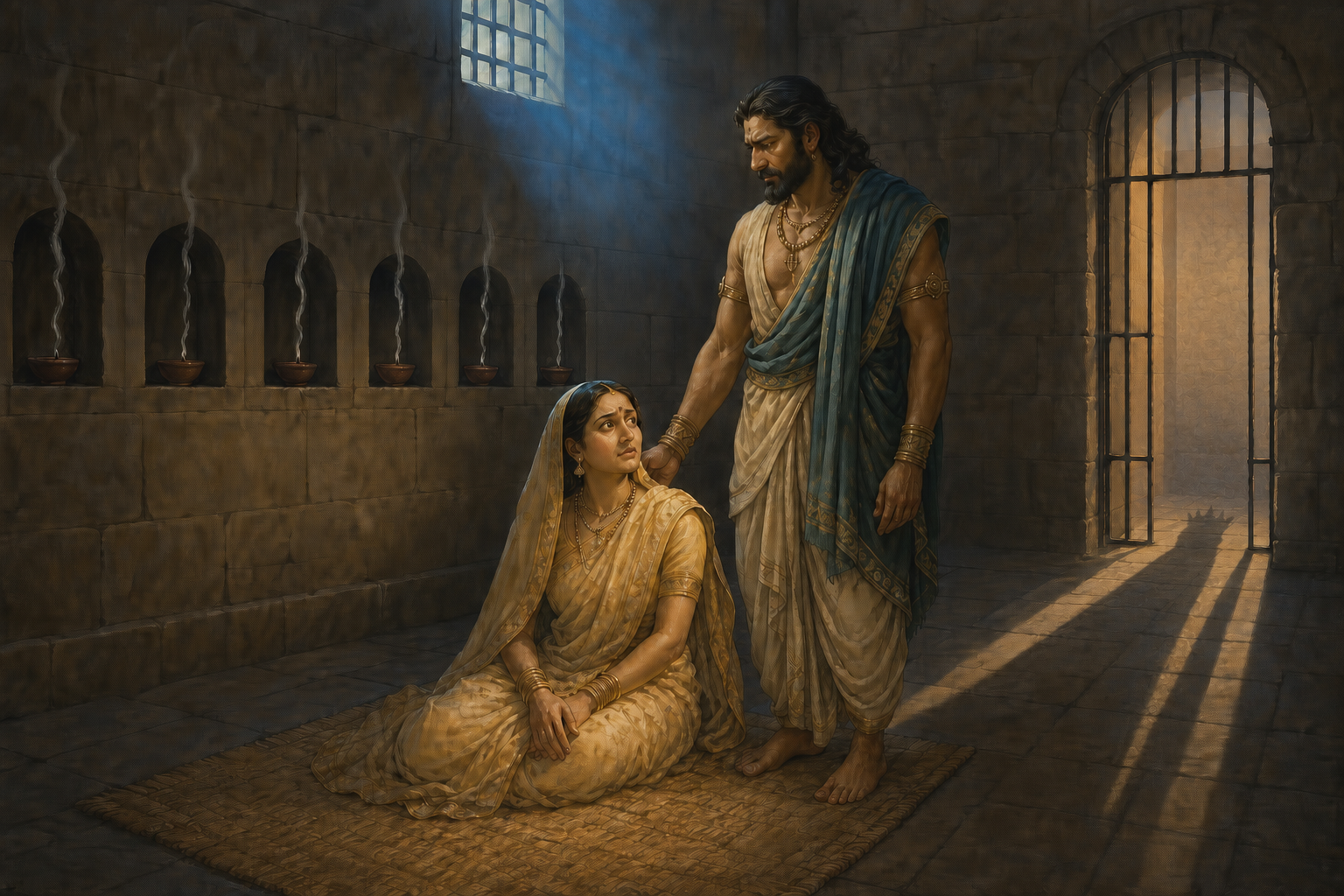 Devaki sits beside Vasudeva in a stone prison chamber as smoke rises from six extinguished lamps in wall niches and a crowned figure's shadow crosses the floor.