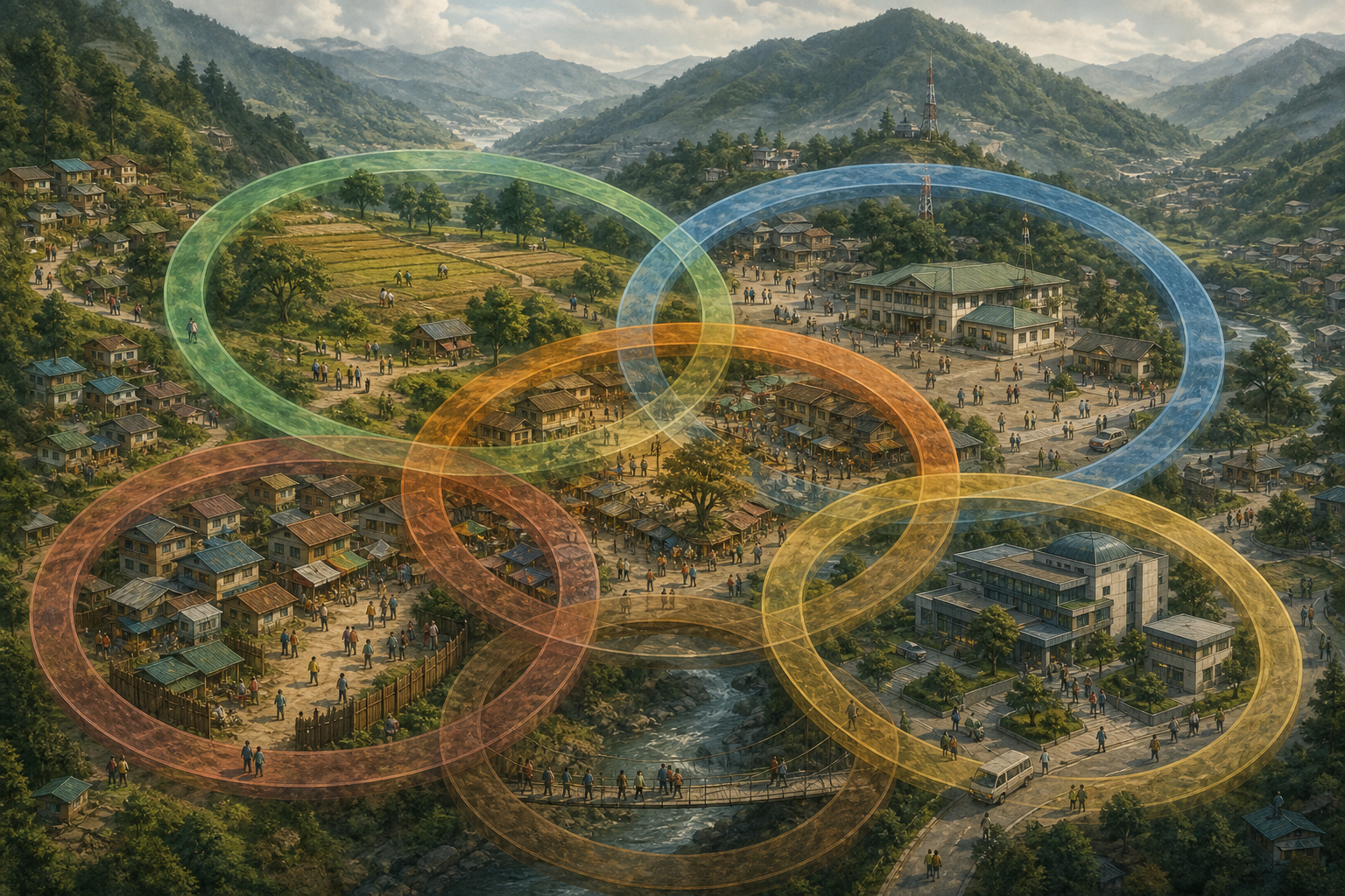 A layered hill-and-valley landscape with interlocking translucent rings and connecting paths representing overlapping sources of conflict.
