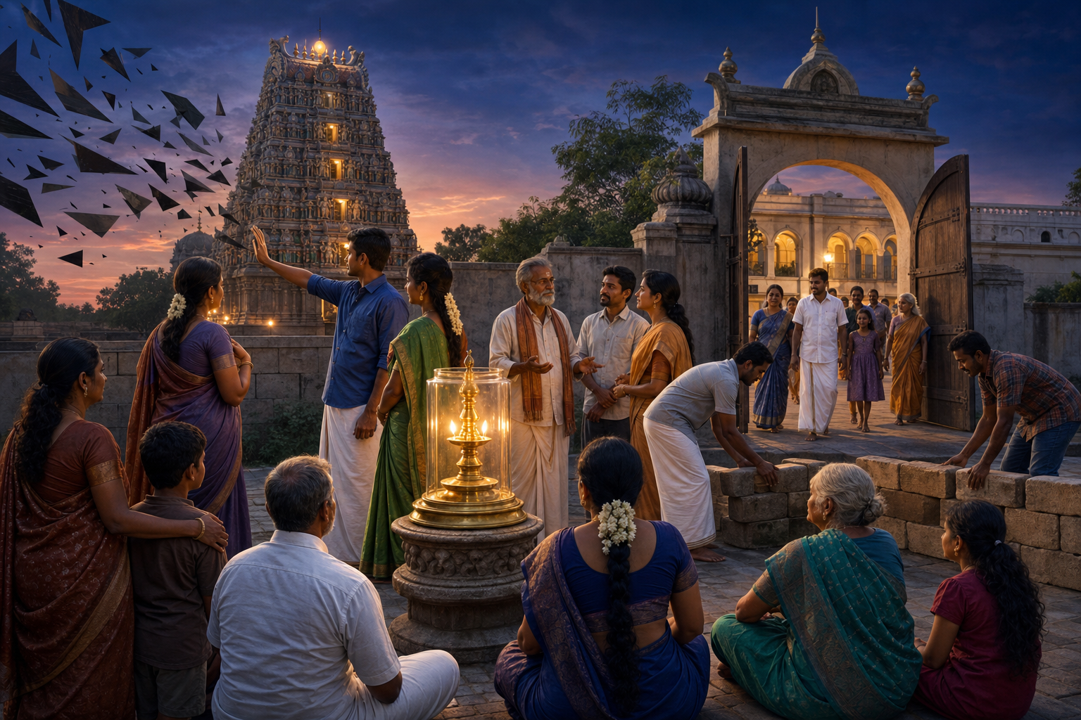 Tamil citizens gather calmly around a protected oil lamp while opening a gateway and removing a low barrier in a temple-adjacent civic courtyard.