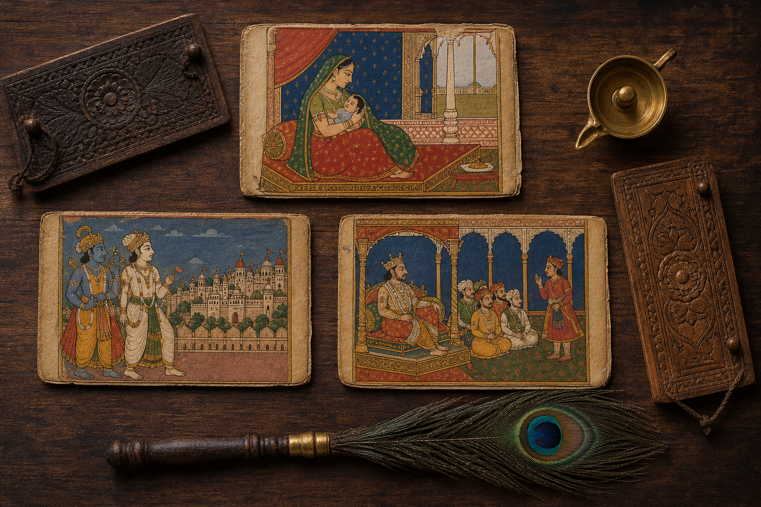 Three text-free illustrated manuscript folios lie on a wooden table, showing Devaki with an infant, Krishna and Balarama before a city, and a royal court scene.