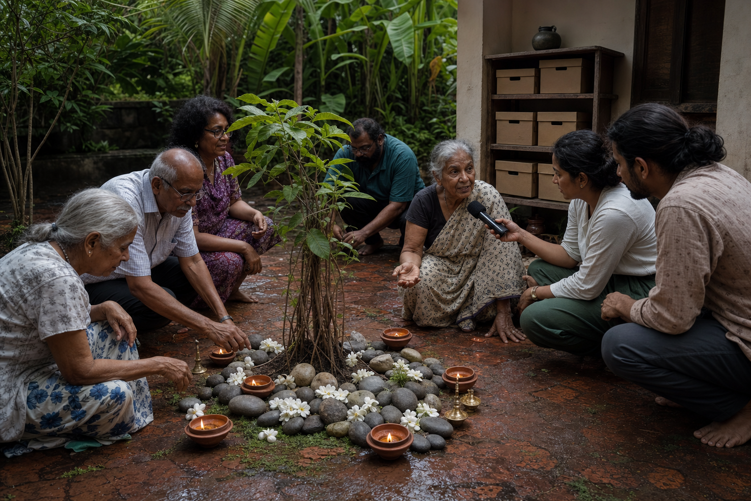 Goan community members arrange lamps, flowers, stones, and archival materials around a young banyan tree while an elder shares a memory.