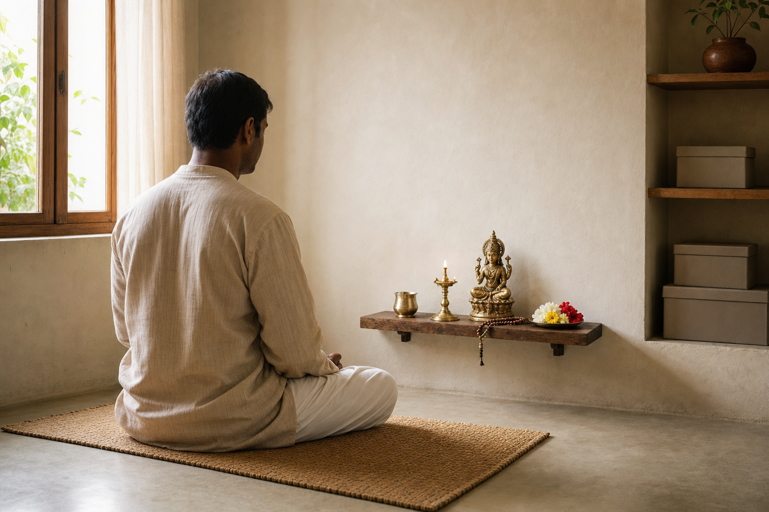 A person practices meditation before a simple altar arranged with a lamp, flowers, water, and prayer beads.