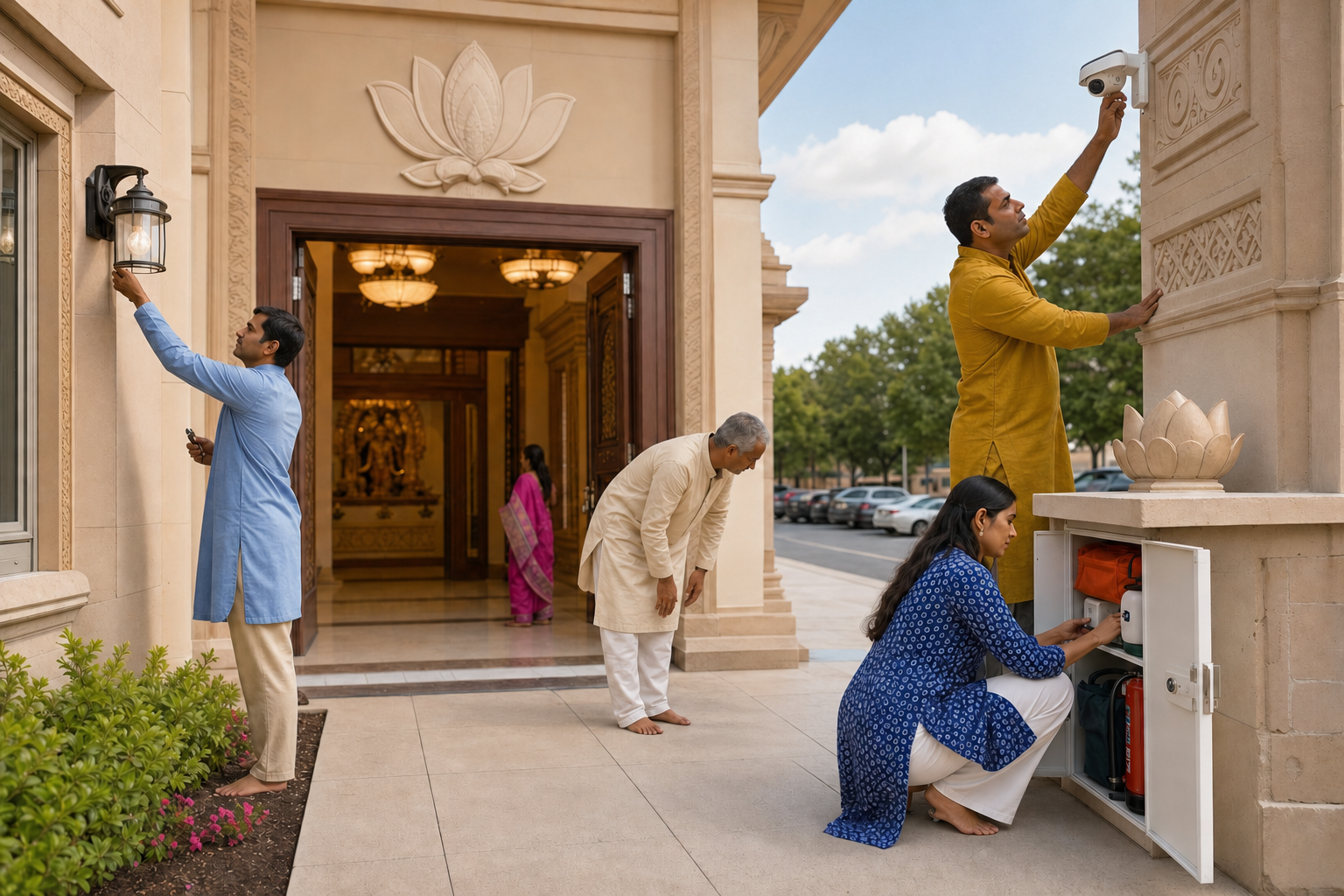 Volunteers inspect lighting, entrances, a security camera, and emergency supplies during a safety walk-through at a mandir.
