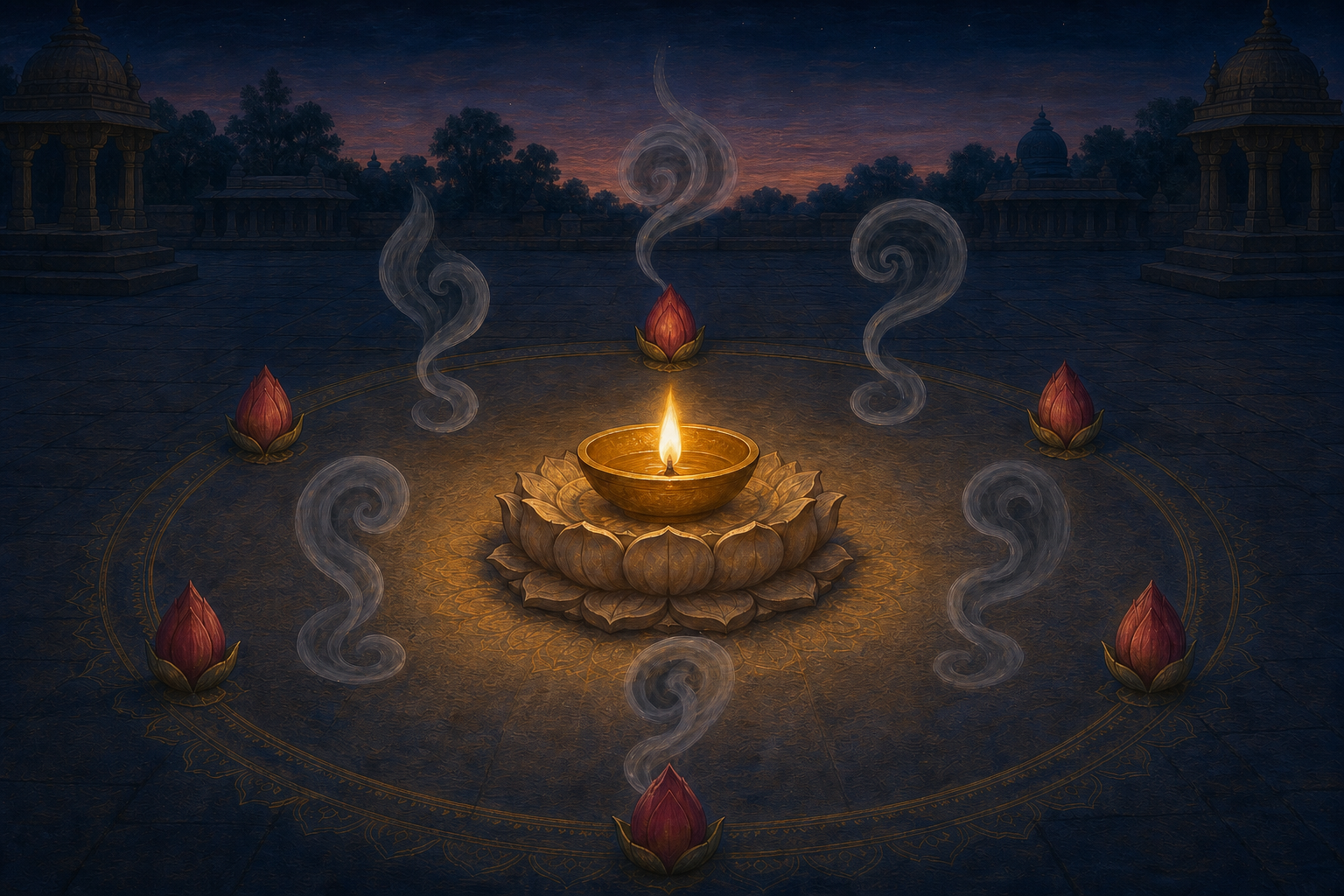 A steady golden oil lamp stands in a twilight courtyard while six dark smoke wisps and six closed flower buds form a circle around it.