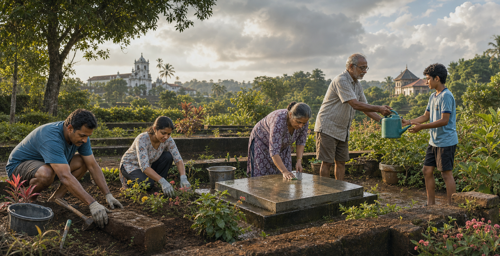Goan neighbors of different generations restore an uninscribed memorial garden together, with a chapel and temple roof visible in the distance.
