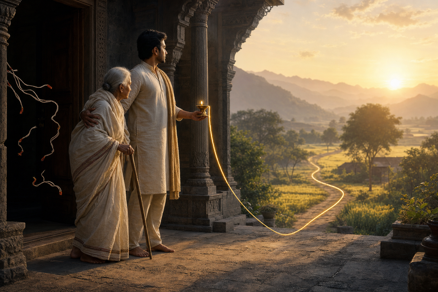 An adult carrying an oil lamp supports an elderly person at a courtyard threshold while looking toward a sunlit mountain path.