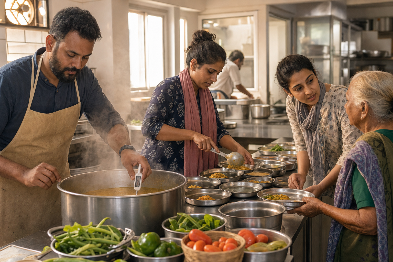 Volunteers carefully check food, portion meals, and serve guests in a community kitchen.