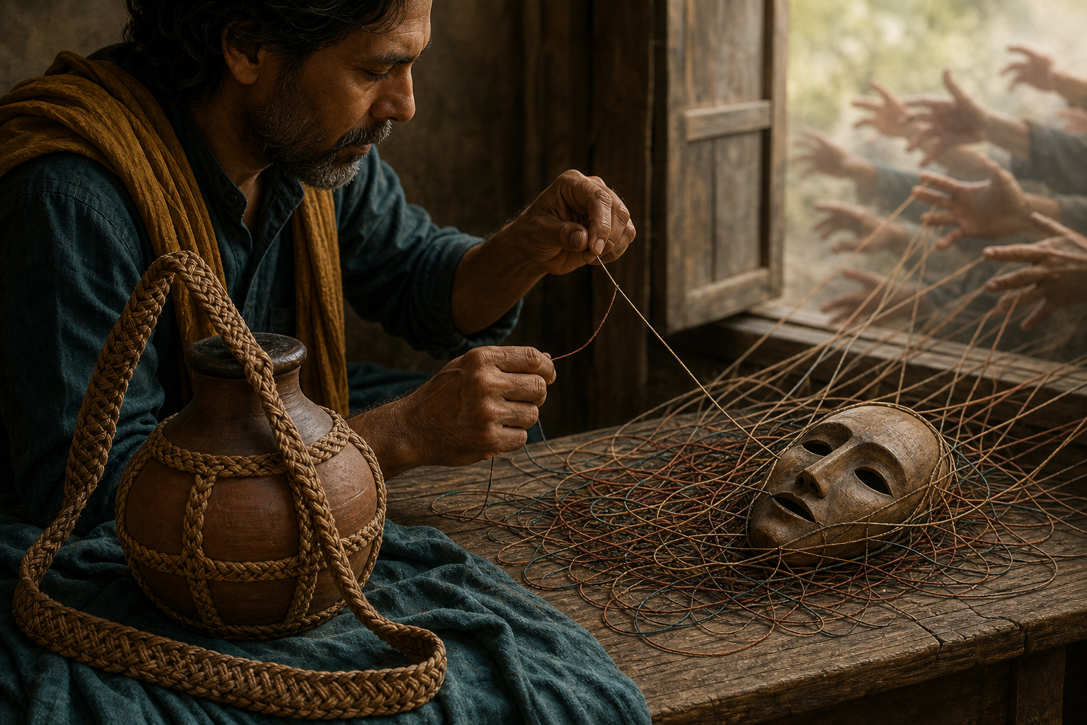 A seated person separates tangled threads beside a clay water vessel, a woven strap, an empty mask, and several blurred reaching hands.