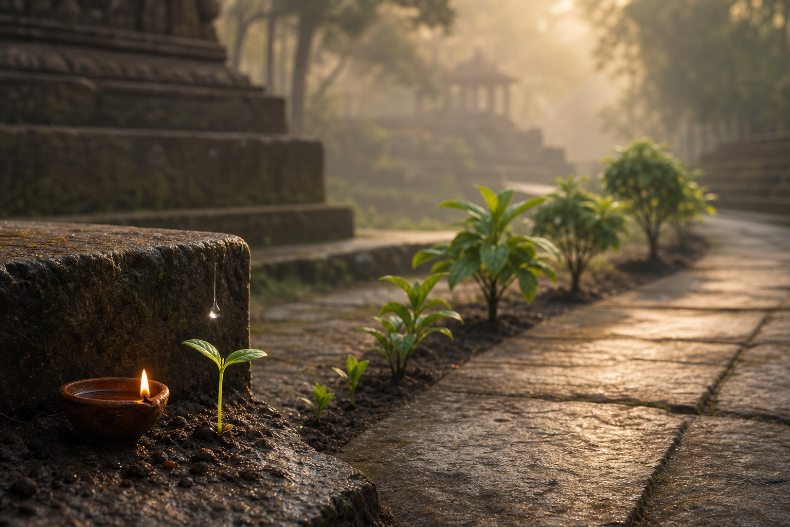 A drop of water falls beside a new seedling as progressively larger plants line a temple garden path.