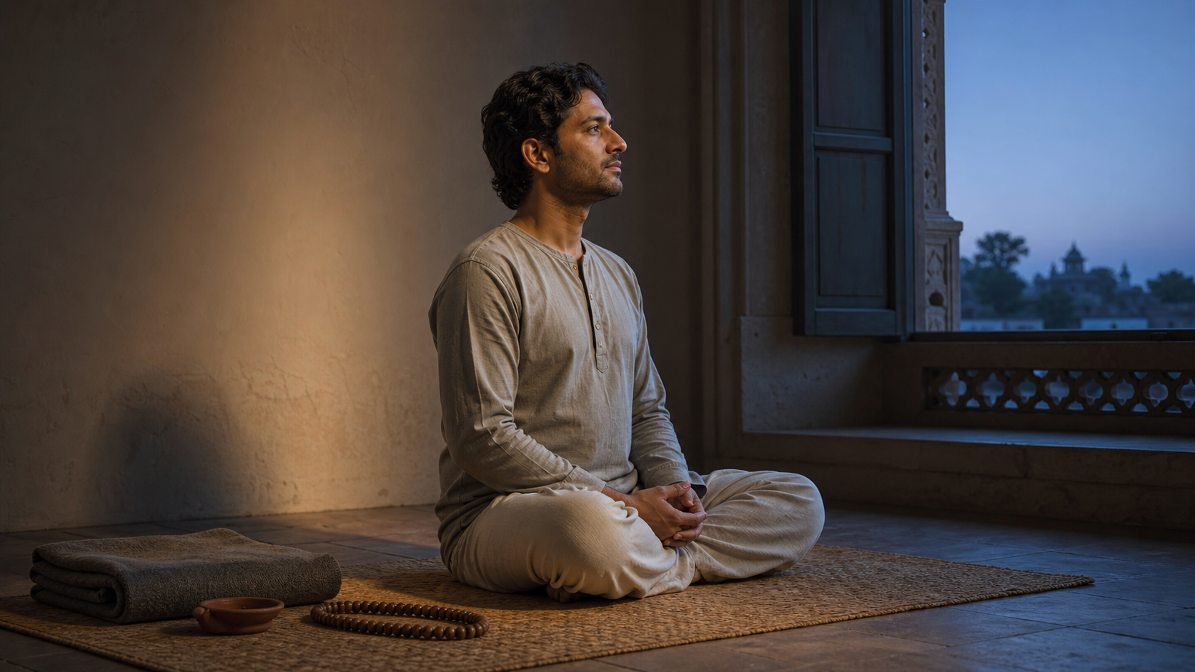 A practitioner sits upright on a woven mat beside a folded blanket and mala in the blue light before dawn.
