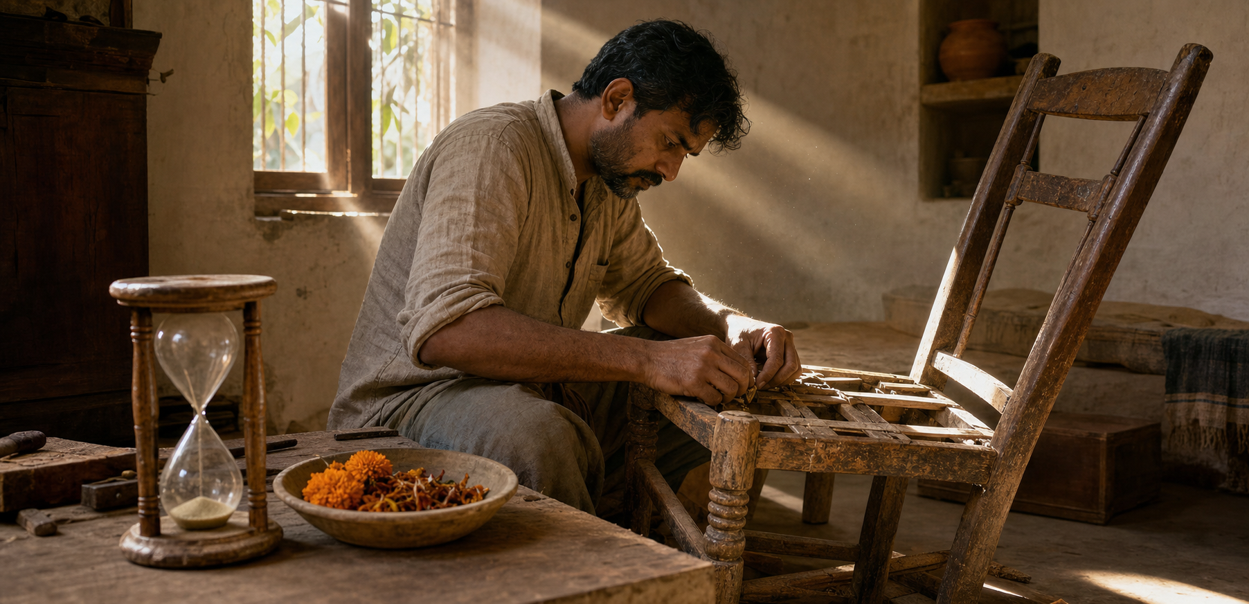 An artisan repairs a wooden chair at a low bench beside an almost-empty hourglass and a bowl of fresh and dried flower petals.