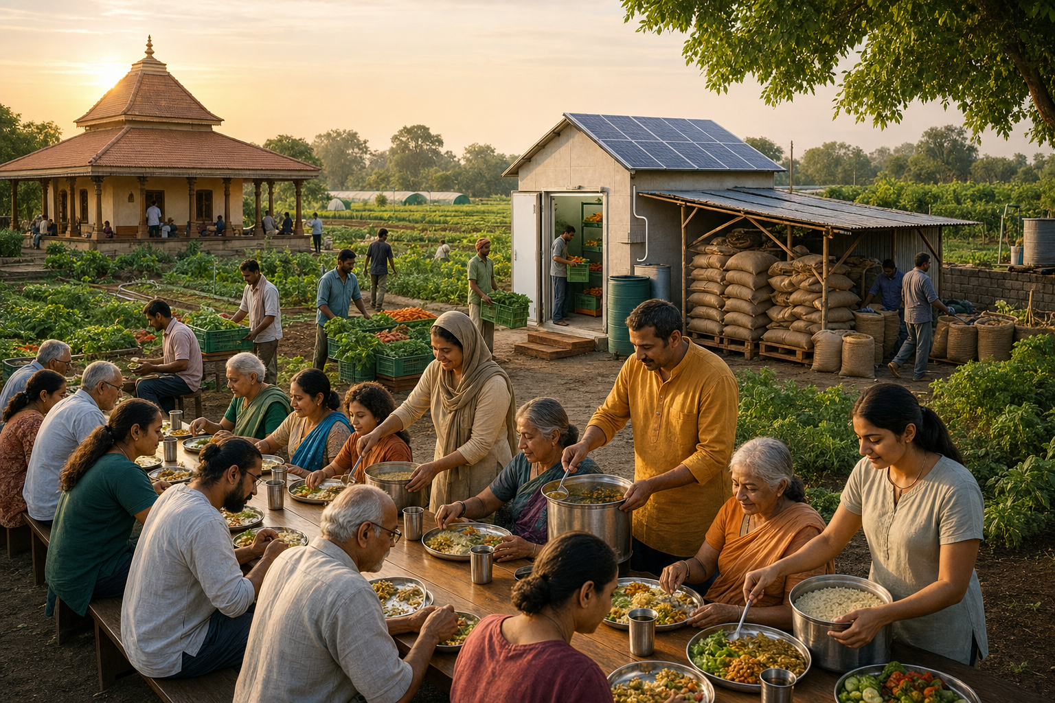 Farmers and volunteers connect cultivated fields, food storage, a community kitchen, and a shared plant-based meal.