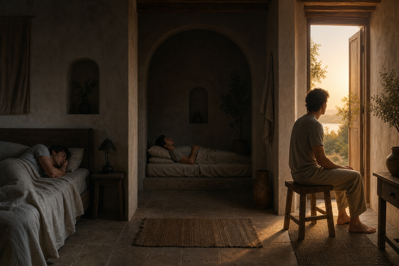 One continuous scene shows a person sleeping, resting deeply, and sitting awake in meditation as the light changes from darkness to dawn.