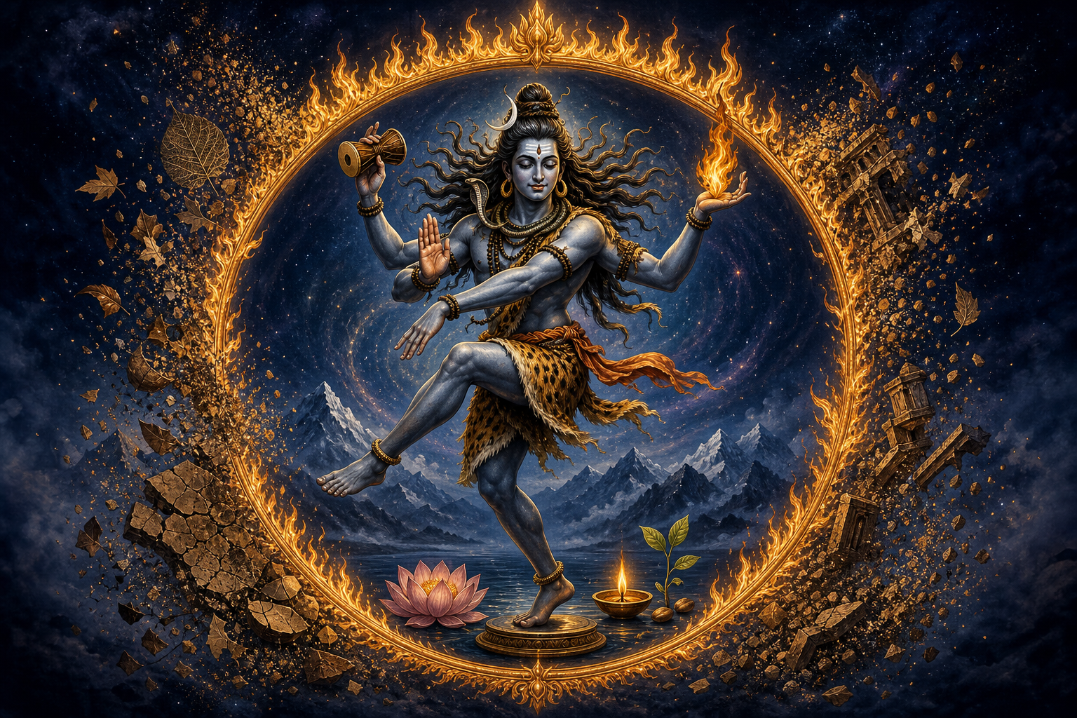 Shiva dances calmly within a ring of fire as dry leaves, cracked clay, and architectural fragments dissolve around a protected lotus, lamp, and seeds.