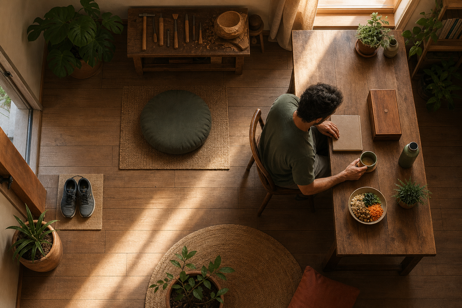 An adult sits at an orderly home workspace surrounded by prepared shoes, water, food, a meditation cushion, and craft tools, with a phone stored in a wooden box.