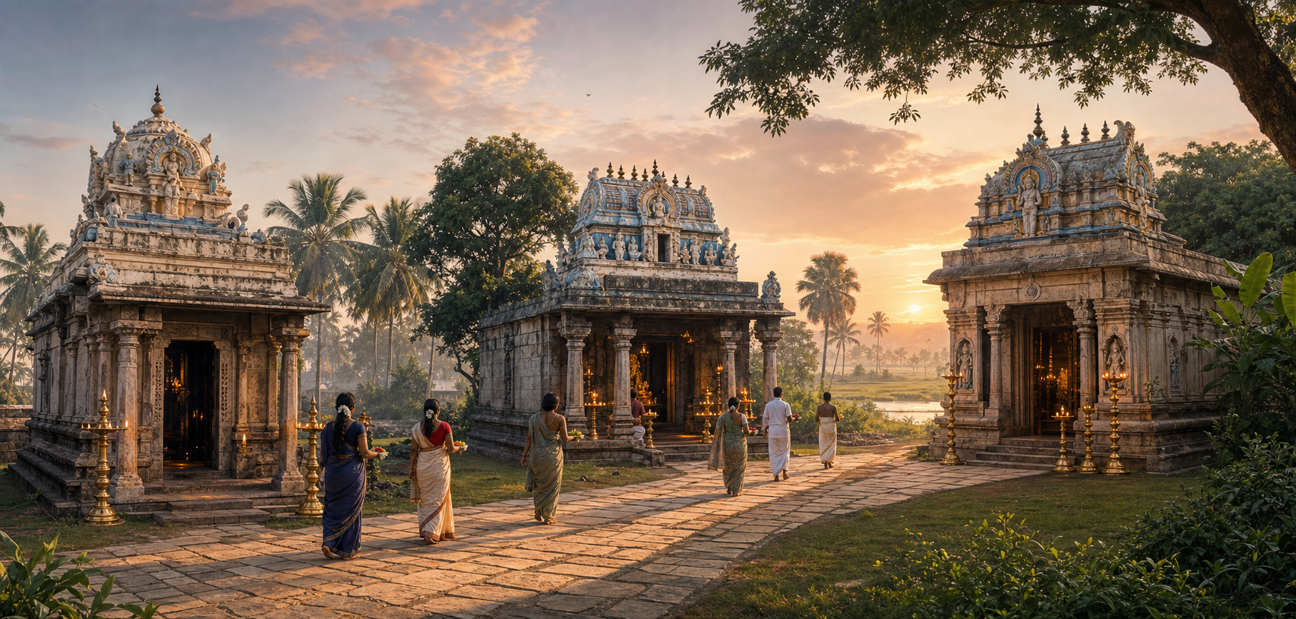 Painterly panoramic view of pilgrims following a stone path toward three distinct South Indian Vishnu shrine entrances at dawn.