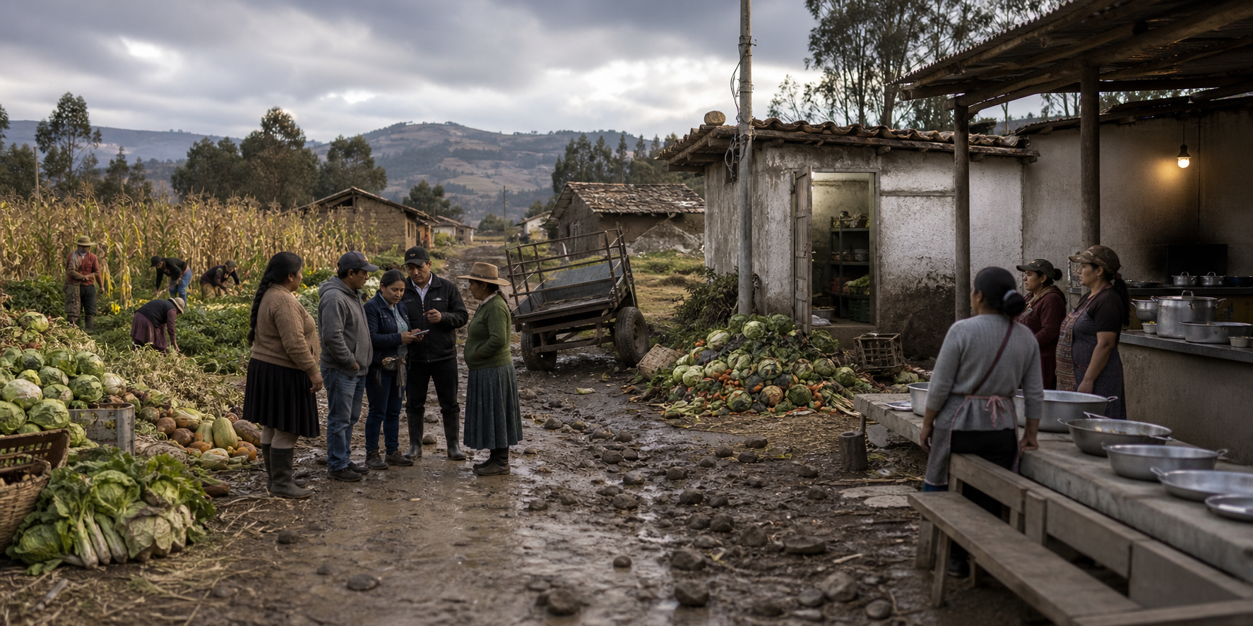 Farmers and community organizers inspect transport and storage failures between an abundant harvest and an underused kitchen.